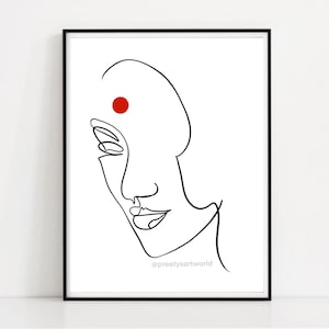 以下が含まれることがあります： 額に赤い点のある女性の顔の線画。白黒で描かれたこの絵は、ミニマルなスタイルです。画像の下部に「@preetyartworld」というテキストがあります。