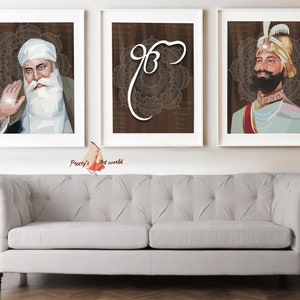 Set Of 3 Guru Nanak Ji , Guru Gobind Singh Ji & Ek Onkar Art Poster Print Sikh Religious Minimalist Home Decor I Printable Art Print