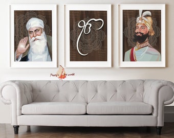 Set Of 3 Guru Nanak Ji , Guru Gobind Singh Ji & Ek Onkar Art Poster Print Sikh Religious Minimalist Home Decor I Printable Art Print
