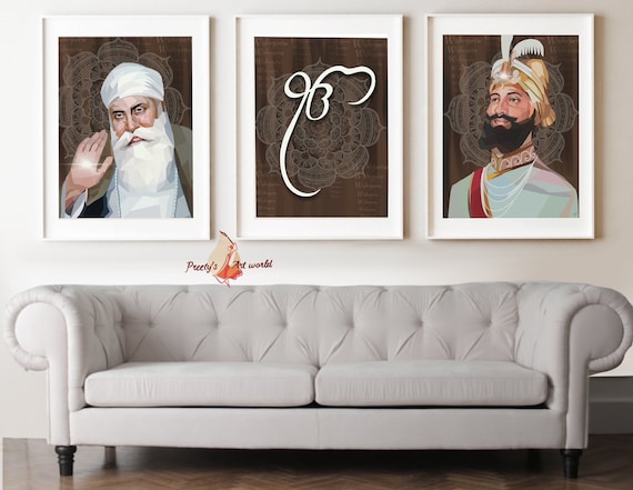 Set Of 3 Guru Nanak Ji , Guru Gobind Singh Ji & Ek Onkar Art Poster Print Sikh Religious Minimalist Home Decor I Printable Art Print