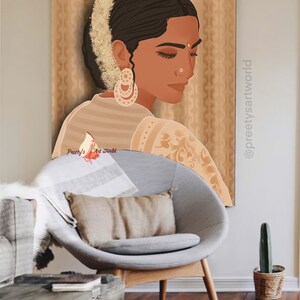 May include: A digital illustration of a woman with dark hair and a flower garland in her hair. She is wearing a traditional Indian outfit with intricate patterns. The background is a light brown with a geometric pattern. The image is signed "Preety's Art World" and includes the social media handle "@preetyartworld".
