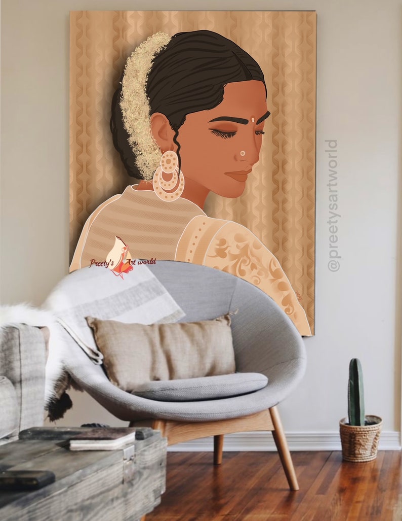 May include: A digital illustration of a woman with dark hair and a flower garland in her hair. She is wearing a traditional Indian outfit with intricate patterns. The background is a light brown with a geometric pattern. The image is signed "Preety's Art World" and includes the social media handle "@preetyartworld".