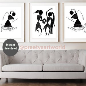 3er Set Warli Tanzende Figur Wandkunst Handgemacht, Indische Traditionelle Ethnische Wohnkultur, Dorfleben, Mid Century Minimalistische Moderne Kunst