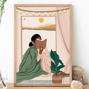 Indian Women In Suit Reading Book Boho Desi Art Illustartion Poster Print I Indian Book Lovers Wall Decor I  Indian Home Decor