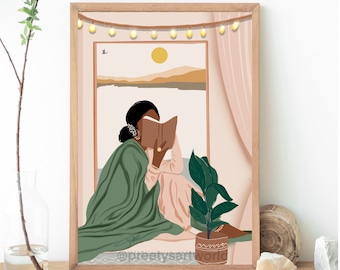 Indian Women In Suit Reading Book Boho Desi Art Illustartion Poster Print I Indian Book Lovers Wall Decor I  Indian Home Decor