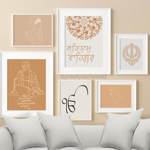 May include: A set of six framed prints with a neutral color palette. The prints feature line drawings of Sikh religious figures and symbols, including a Khanda, a mandala, and a quote in Gurmukhi script. The prints are arranged on a white wall above a white couch.
