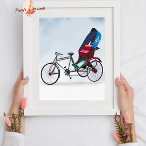 May include: A colorful illustration of a traditional rickshaw, a three-wheeled bicycle taxi, with a blue and white striped canopy. The rickshaw is on a white background.