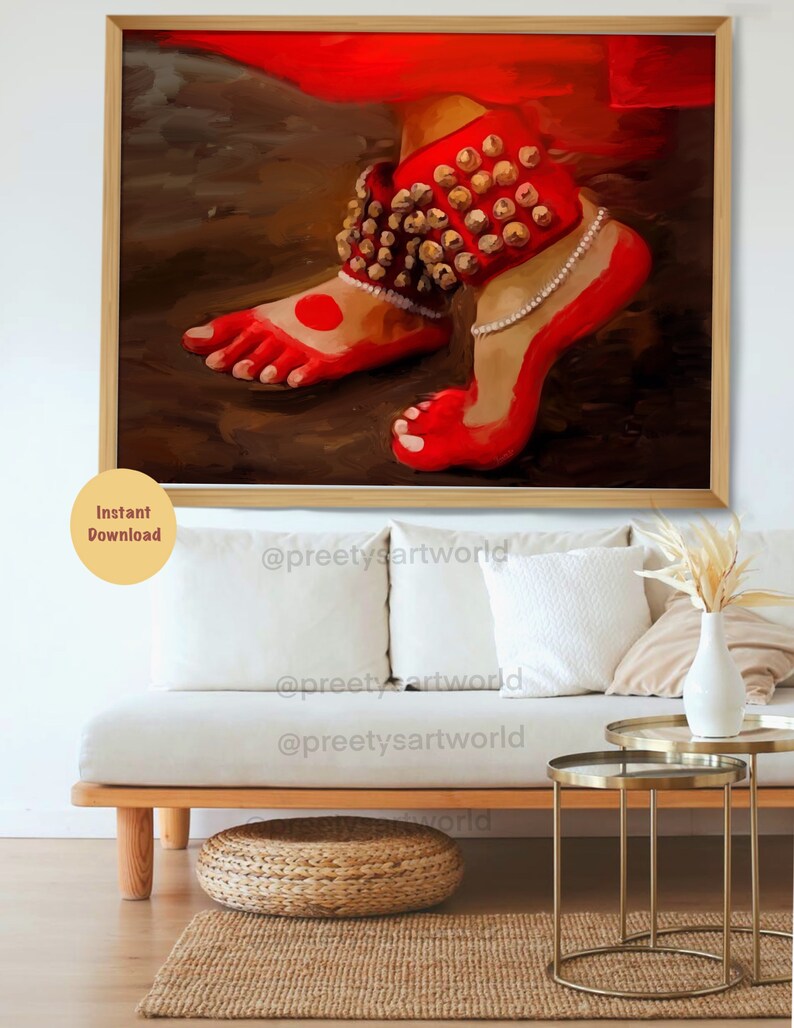 May include: A painting of a woman's feet wearing red anklets with bells and a red toe ring. The feet are painted red and the background is a brown color.