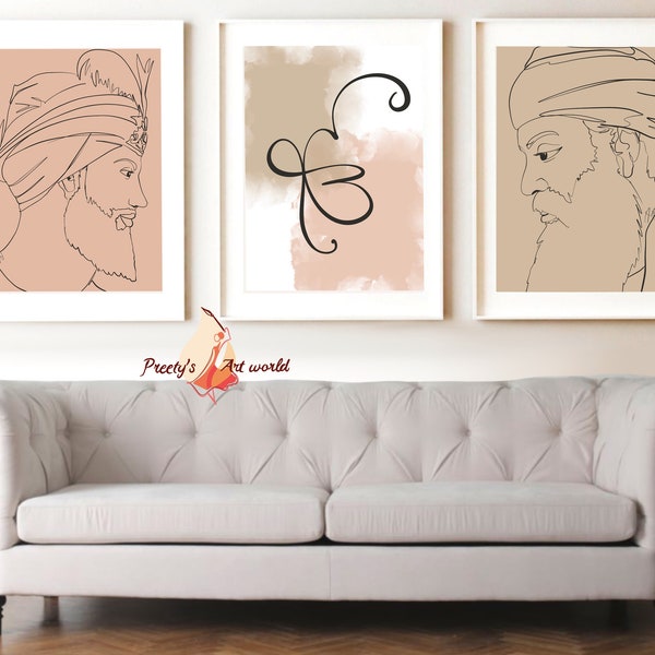 Set Of 3 Ek Onkar Guru Nanak Ji Guru Gobind Singh Ji Neutral Minimalist Line Art Boho Sikh Home Decor I Gallery Wall Art I Religious Art