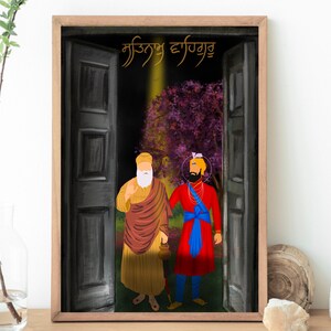Pu&ograve; includere: Un'illustrazione incorniciata di due uomini in abiti tradizionali Sikh in piedi davanti a una porta. Il testo "ਮਨੁੱਖ ਦਾ ਹਰਿਮੰਦਰ" &egrave; scritto in scrittura gurmukhi nella parte superiore dell'immagine.