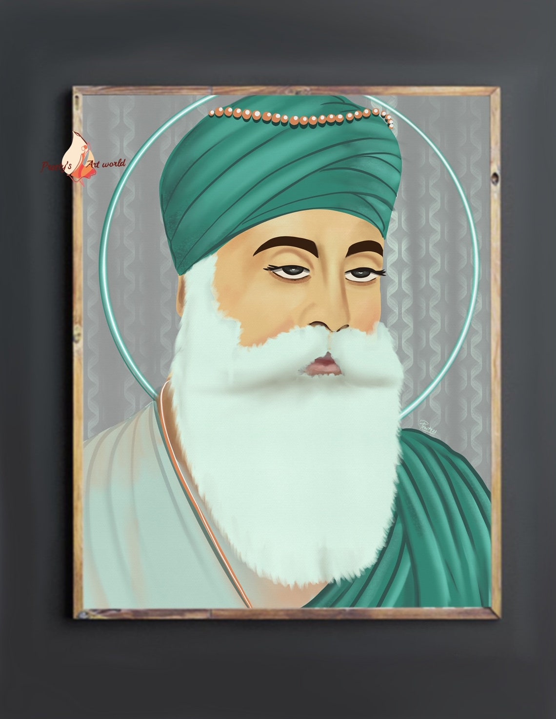 Original Handdrawn Guru Nanak Dev Ji Sikh in Pastel Green Art Print I — free download