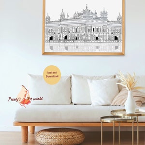 May include: A black and white line drawing of a large building with a domed roof and multiple windows. The building is reflected in a body of water at the bottom of the image. The image is framed in a light wood frame and is hanging on a white wall.
