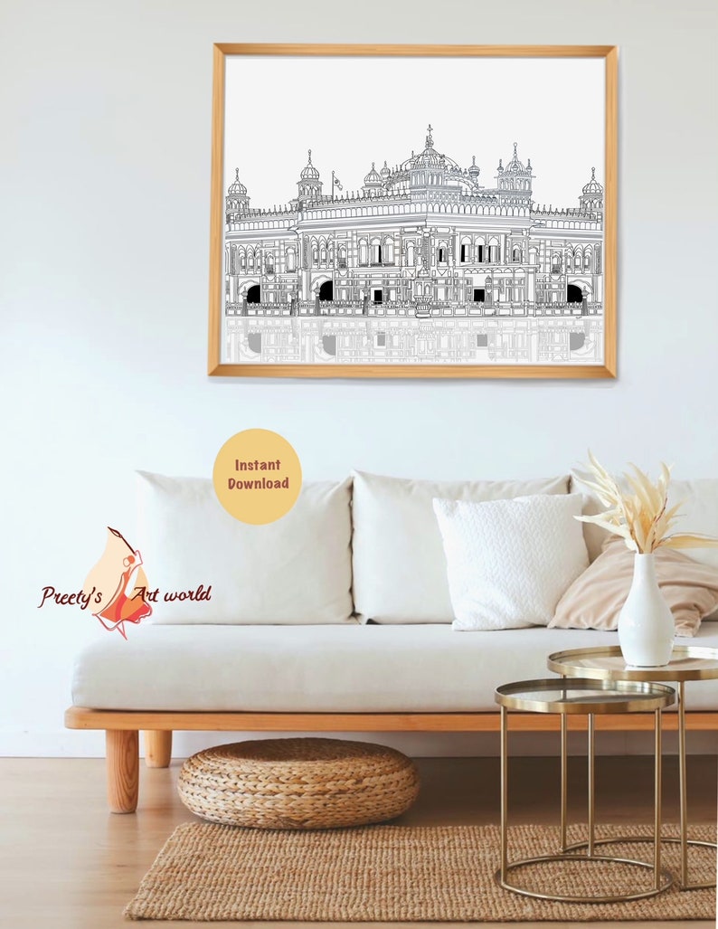 May include: A black and white line drawing of a large building with a domed roof and multiple windows. The building is reflected in a body of water at the bottom of the image. The image is framed in a light wood frame and is hanging on a white wall.