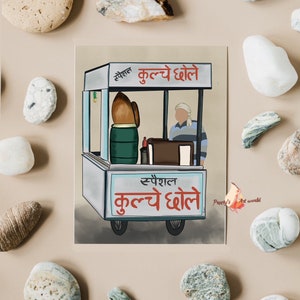 May include: A hand-drawn illustration of a street food vendor selling "Special Kulche Chole" from a cart. The vendor is wearing a white turban and a blue and white striped shirt. The cart is white with red lettering and has two wheels.