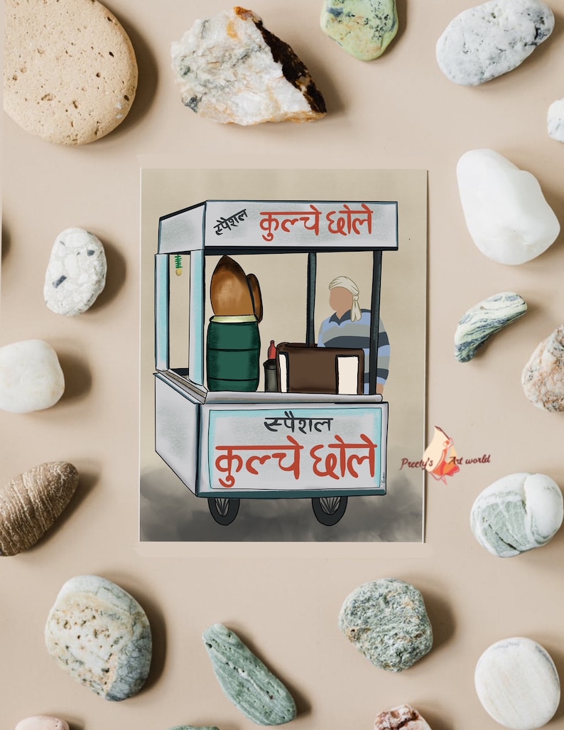May include: A hand-drawn illustration of a street food vendor selling "Special Kulche Chole" from a cart. The vendor is wearing a white turban and a blue and white striped shirt. The cart is white with red lettering and has two wheels.