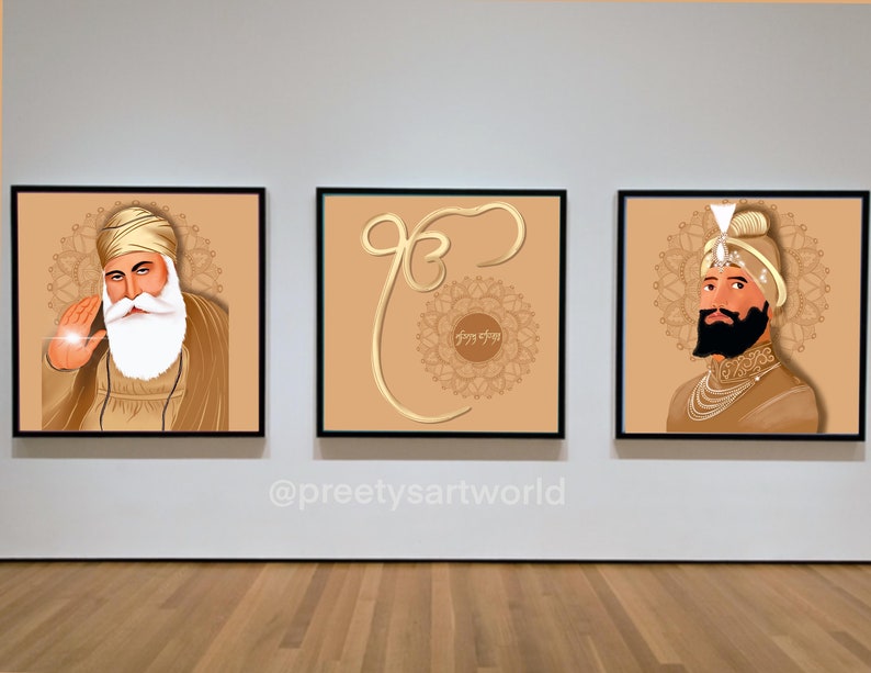 Może przedstawiać: Trzy oprawione ilustracje postaci religijnych Sikh&oacute;w. Ilustracja po lewej stronie przedstawia brodatego mężczyznę w turbanie i złotej szacie. Ilustracja środkowa przedstawia złoty symbol z mandalą. Ilustracja po prawej stronie przedstawia brodatego mężczyznę w turbanie i złotej szacie z koroną.