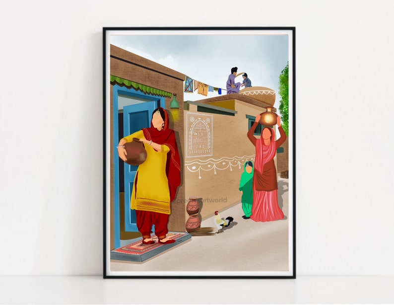 Puede incluir: Una ilustraci&oacute;n digital que representa una escena de un pueblo tradicional indio. Dos mujeres con ropa colorida llevan vasijas de barro, mientras una familia se encuentra en una azotea. La escena est&aacute; pintada en un estilo vibrante, destacando la arquitectura y la vida diaria del pueblo.