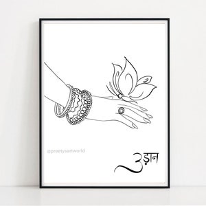May include: A black and white line drawing of a hand with bangles and a ring, holding a butterfly. The word "उड़ान" is written in black below the image.