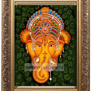 May include: A framed painting of a colorful depiction of the Hindu deity Ganesha. The painting is done in the style of Kerala mural art, with intricate details and vibrant colors. The background is a dark green with a pattern of clouds.