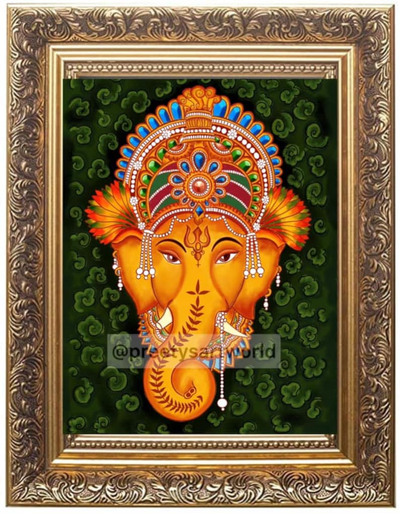May include: A framed painting of a colorful depiction of the Hindu deity Ganesha. The painting is done in the style of Kerala mural art, with intricate details and vibrant colors. The background is a dark green with a pattern of clouds.
