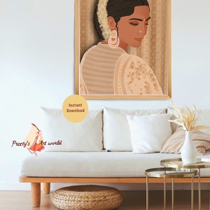 May include: Digital illustration of a woman with dark hair and brown eyes wearing a white and gold patterned sari. The woman is looking down and has a nose ring and large earrings. The background is a light brown color with a pattern.