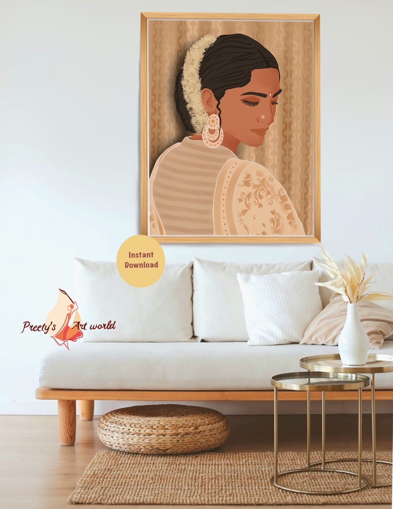 May include: Digital illustration of a woman with dark hair and brown eyes wearing a white and gold patterned sari. The woman is looking down and has a nose ring and large earrings. The background is a light brown color with a pattern.