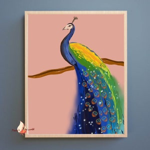 May include: A digital painting of a peacock with blue, green, and yellow feathers. The peacock is perched on a branch against a light pink background.