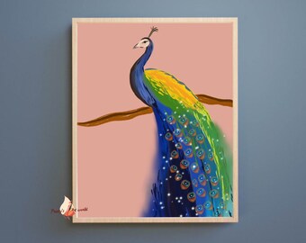 Vintage Peacock Print I Victorian Bird Art Illustration I Peacock Boho Wall Art I Mid Century Modern Art I Jungle Tropical Art Animal Coral