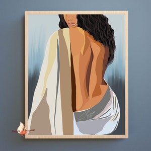 May include: A digital illustration of a person with long, dark hair, wearing a white and brown garment. The person's back is facing the viewer, and their skin is a warm brown tone.