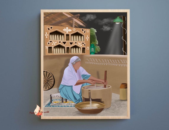 Punjabi Village Culture Art Illustration I Punjabi Women Making Wheat Flour I Punjabi Traditional Wall Home Decor I Sikh Wall Art Gifts