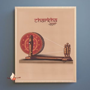 Indian Punjabi Charkha Spinning Wheel Poster Print I Ethnic Home Decor I Wooden Charkhi I Sikh Culture Art I Indian Village Art Print Decor