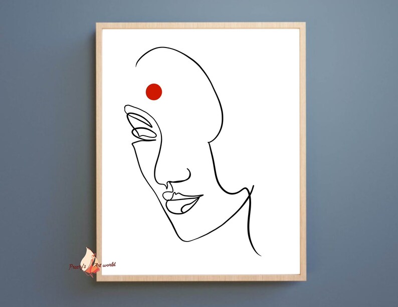 May include: A black and white line drawing of a face with a red dot on the forehead. The face is looking to the right and has a slight smile.