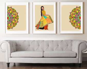 Set Of 3 Dancing Indian Girl Mandala Color Art Illustration I Dancer Print I Printable Wall Art I Modern Gallery Wall, Abstract Print I