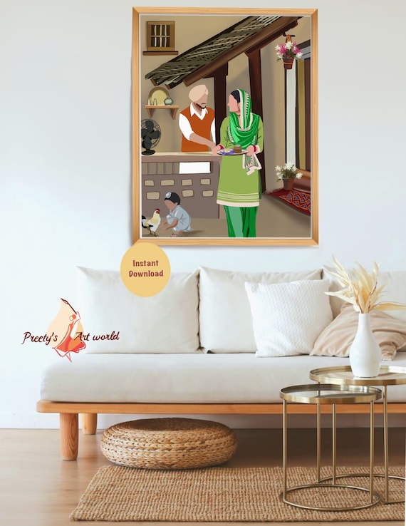 Punjabi Family Art Print I Indian Ethnic Home Décor I Village Life I Traditional Indian Printable Wall Art I Sikh Family  Printable  Art