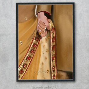 May include: A digital illustration of a couple's hands holding each other, with the woman's hand adorned with a ring. The woman is wearing a gold sari with red and gold embroidery, and the man is wearing a gold sherwani. The image includes the text "@preetyartworld".