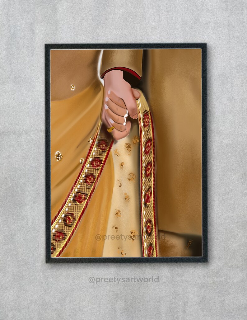 May include: A digital illustration of a couple's hands holding each other, with the woman's hand adorned with a ring. The woman is wearing a gold sari with red and gold embroidery, and the man is wearing a gold sherwani. The image includes the text "@preetyartworld".