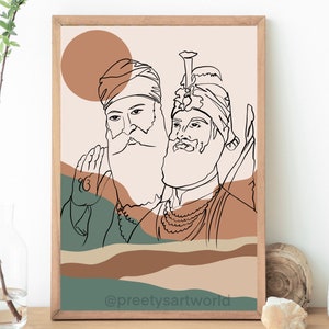 Guru Nanak Ji & Guru Gobind Singh Ji Line Art Minimalistic Sikh Home Décor I Neutral Wall Art Boho Decor I Abstract Minimalist Print