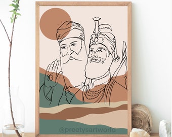 Guru Nanak Ji & Guru Gobind Singh Ji Line Art Minimalistic Sikh Home Décor I Neutral Wall Art Boho Decor I Abstract Minimalist Print