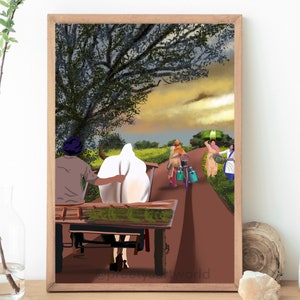 Punjabi Men & Women Working In Fields I Punjabi Village Art I Village Life I Traditional Indian Printable Wall Art I Punjabi wall decor image 2
