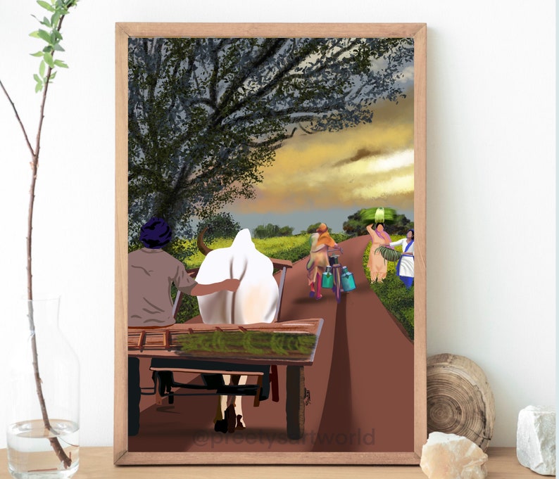 Punjabi Men & Women Working In Fields I Punjabi Village Art I Village Life I Traditional Indian Printable Wall Art I Punjabi wall decor image 2