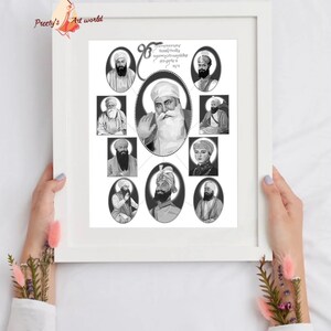 Puede incluir: Ilustraci&oacute;n en blanco y negro de los diez gur&uacute;s sij, con Guru Nanak Dev Ji en el centro. La ilustraci&oacute;n est&aacute; enmarcada en un marco blanco.
