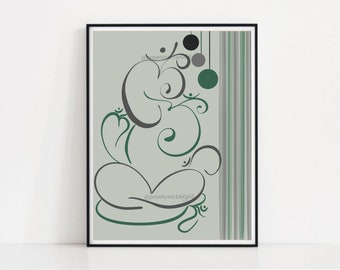 Abstract Modern Green Ganesha Minimalist Line Drawing Indian Hindu God Home Wall Decor I Boho Art I Simple Ganesha Puja Room Decor