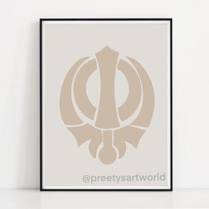 May include: A beige Khanda symbol, a sacred symbol in Sikhism, is displayed on a white background within a black frame. The symbol is a stylized representation of a double-edged sword, a circle, and a dagger. The text "@preetyartworld" is at the bottom of the image.