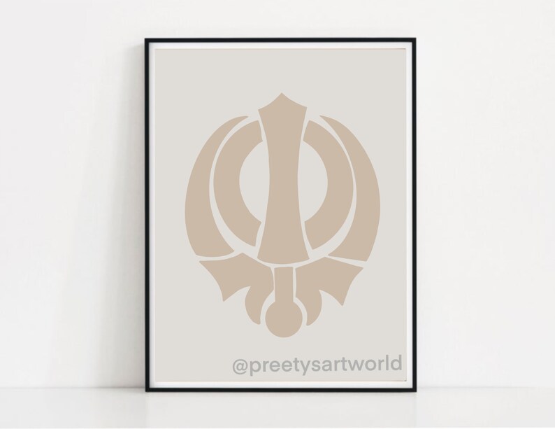 May include: A beige Khanda symbol, a sacred symbol in Sikhism, is displayed on a white background within a black frame. The symbol is a stylized representation of a double-edged sword, a circle, and a dagger. The text "@preetyartworld" is at the bottom of the image.