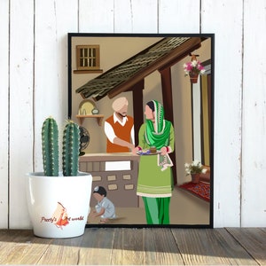 May include: A digital illustration of a family in a traditional Indian home. A man in a turban is standing at a counter, while a woman in a green salwar kameez holds a plate of food. A young child is sitting on the floor.
