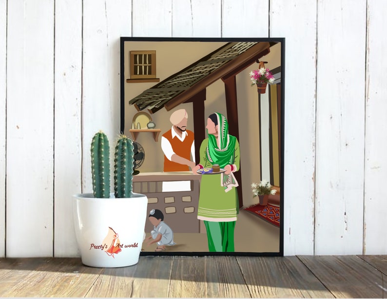 May include: A digital illustration of a family in a traditional Indian home. A man in a turban is standing at a counter, while a woman in a green salwar kameez holds a plate of food. A young child is sitting on the floor.