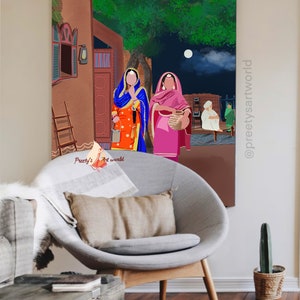 Punjabi Village Family Art Print I Indyjski etniczny wystrój domu I Tradycyjny indyjski wydruk ścienny I Sikh Family Printable Art Printable zdjęcie 4