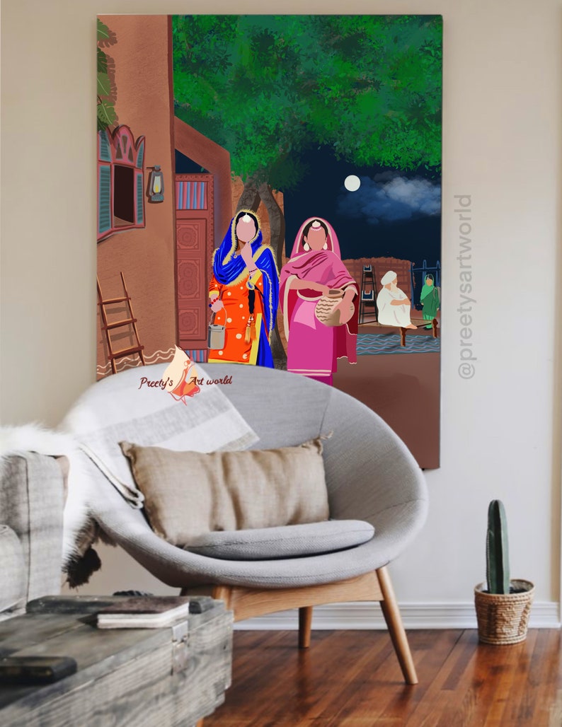 Punjabi Village Family Art Print I Indyjski etniczny wystrój domu I Tradycyjny indyjski wydruk ścienny I Sikh Family Printable Art Printable zdjęcie 4