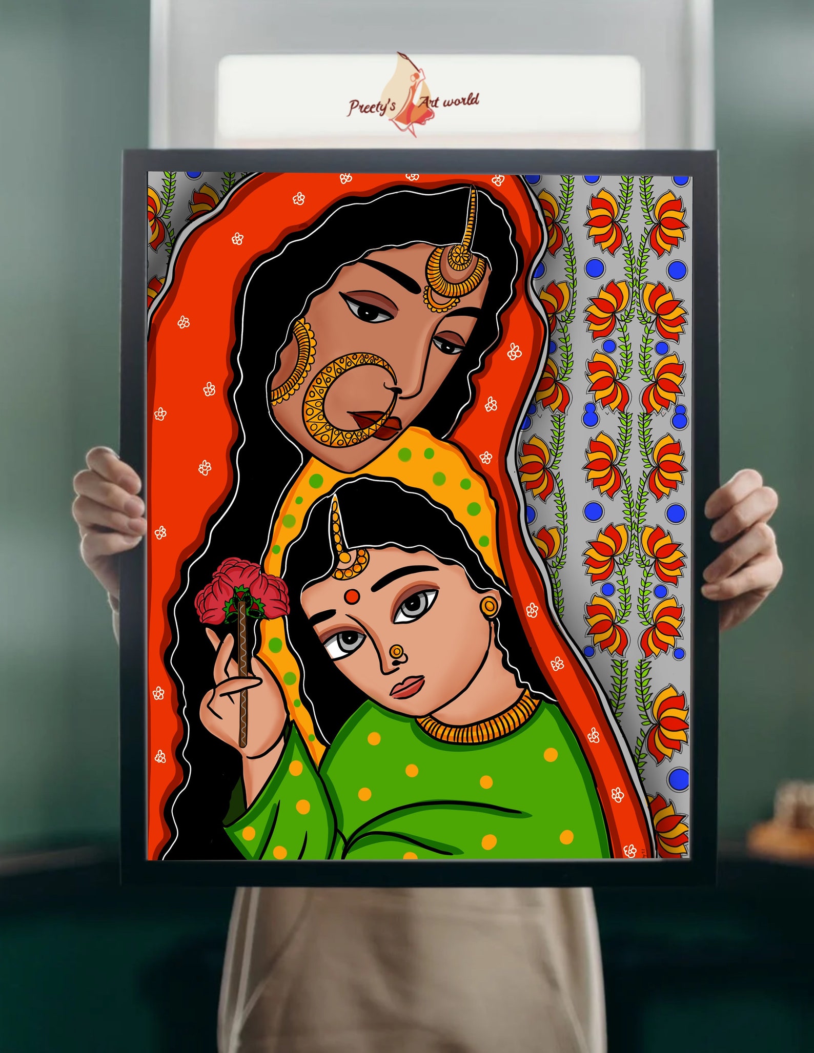 Mom & Daughter Madhubani Original Inspired Indian Traditional Wall Art ...