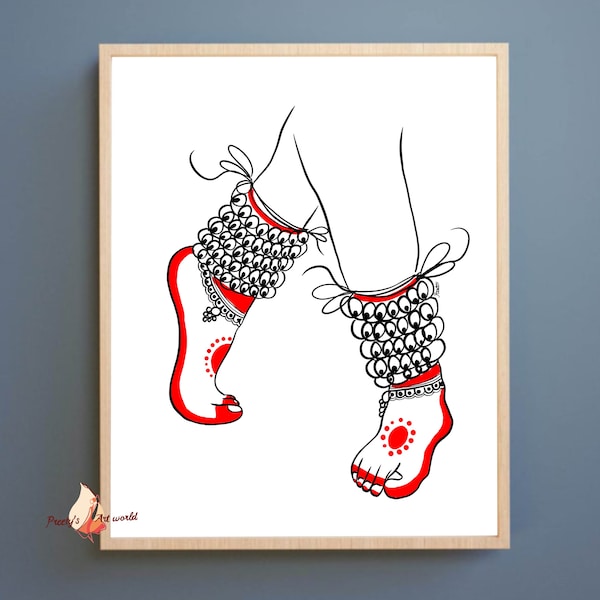 Pieds de danseurs Dessin au trait I Bharatnatyam Odissi Kathak Décor indien I Dessin au trait noir ethnique minimaliste Décoration murale I Pieds avec Ghunghroo